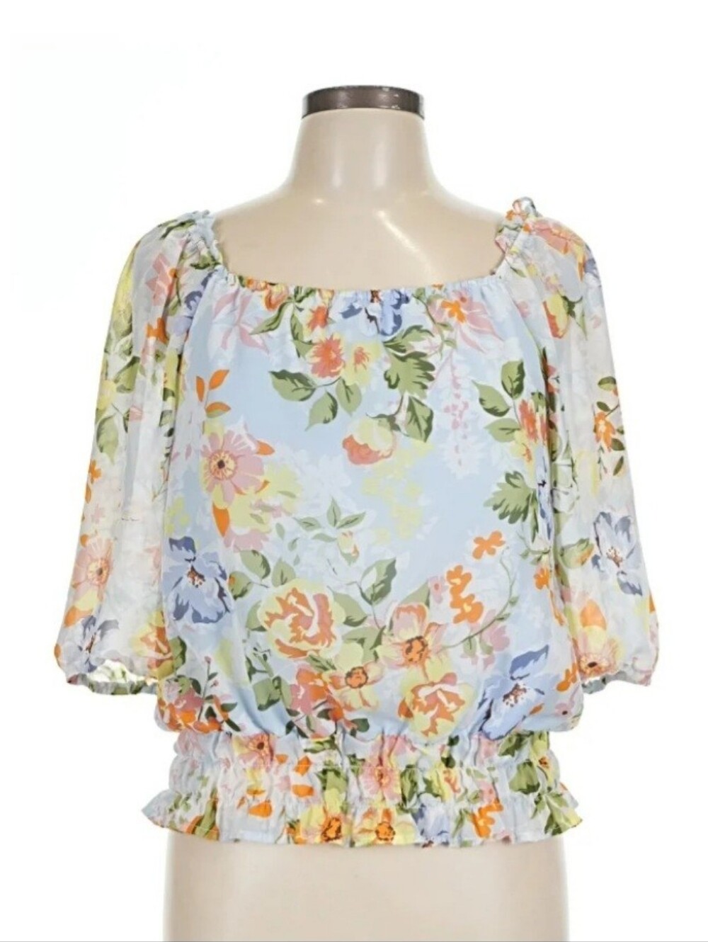 Feminine Blue Floral Off Shoulder Cottagecore Blouse
